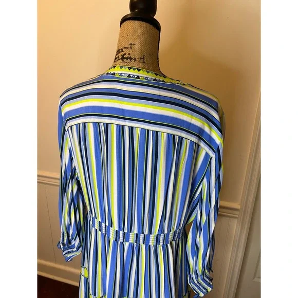 JOHN MARK Striped V Neck Tiered Midi Dress Blue Yellow Embellished Size L - Picture 10 of 13